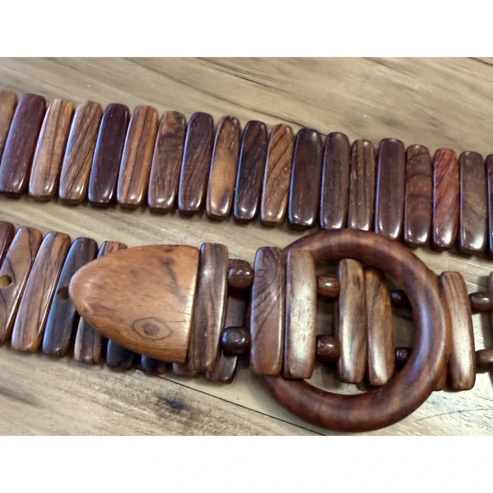 Vintage Wooden Tile Belt Boho Artisan Adjustable Wood Link Belt 38